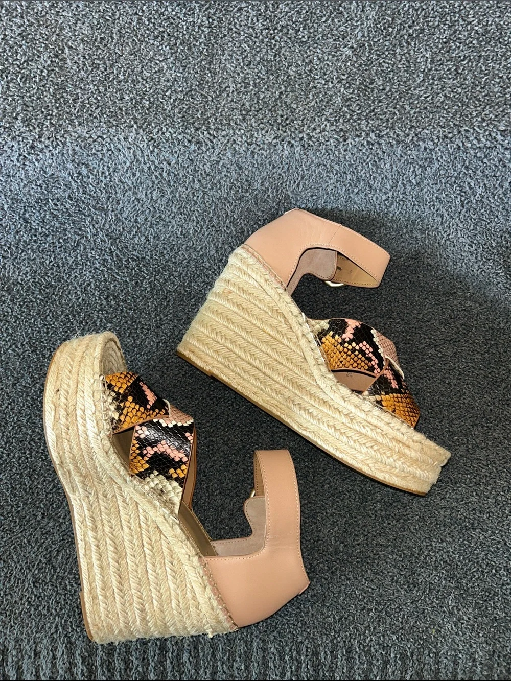 Marc Fisher Pink Ankle-Strap Espadrille Wedges with Snake-Print Straps